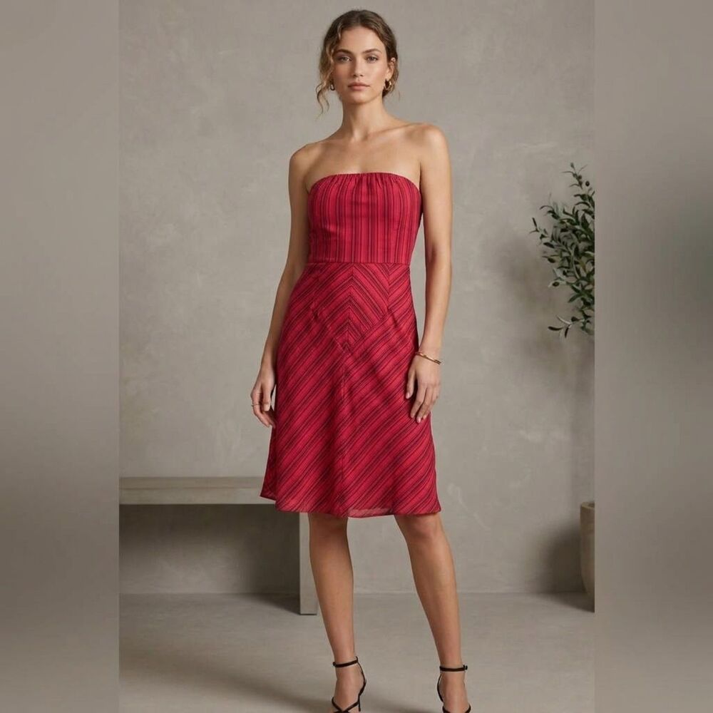 Banana Republic Strapless Dress Size 10 Red Pink Striped A-Line Lined Cotton